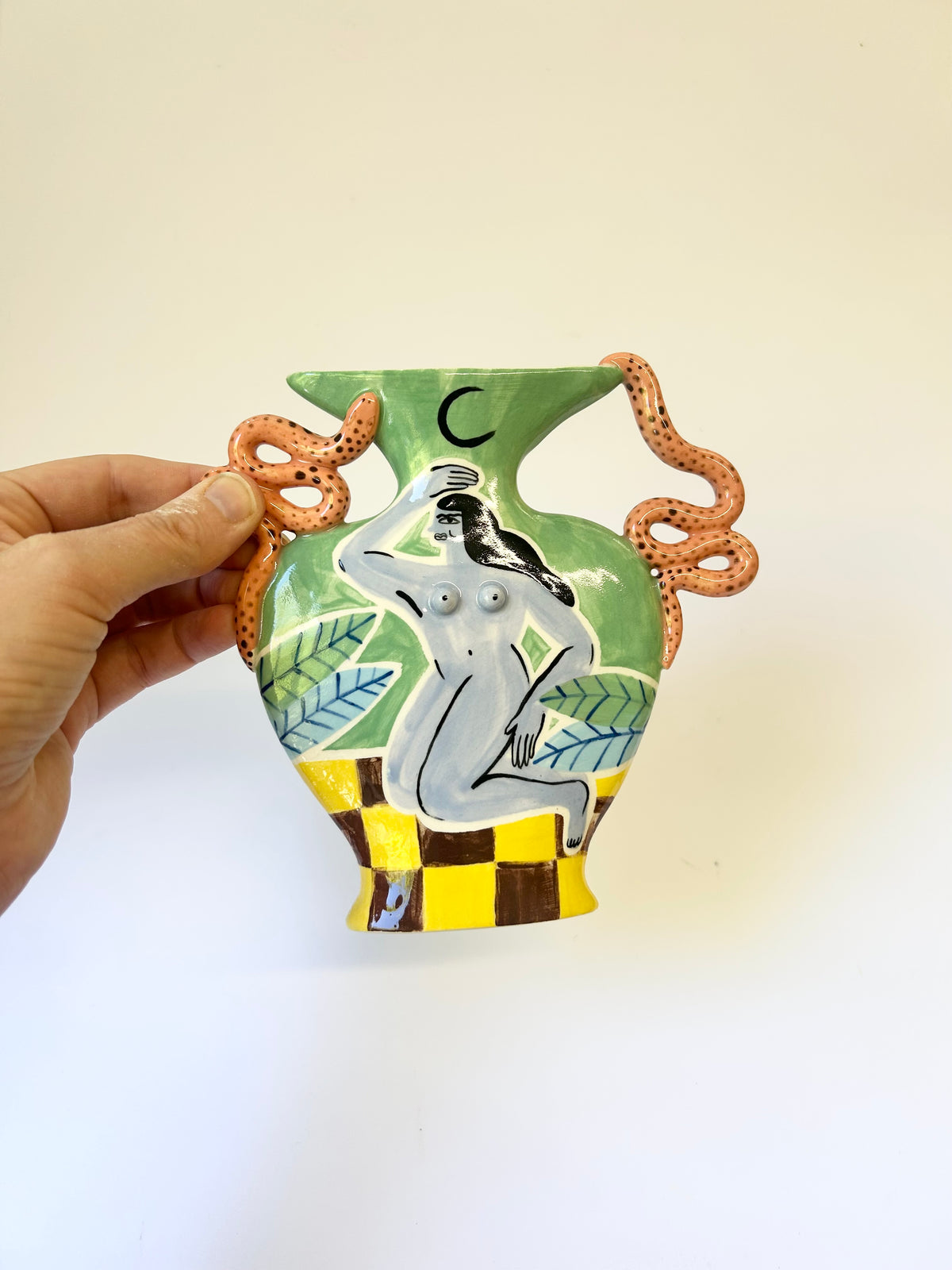 Checkerboard Snake Handle Vase