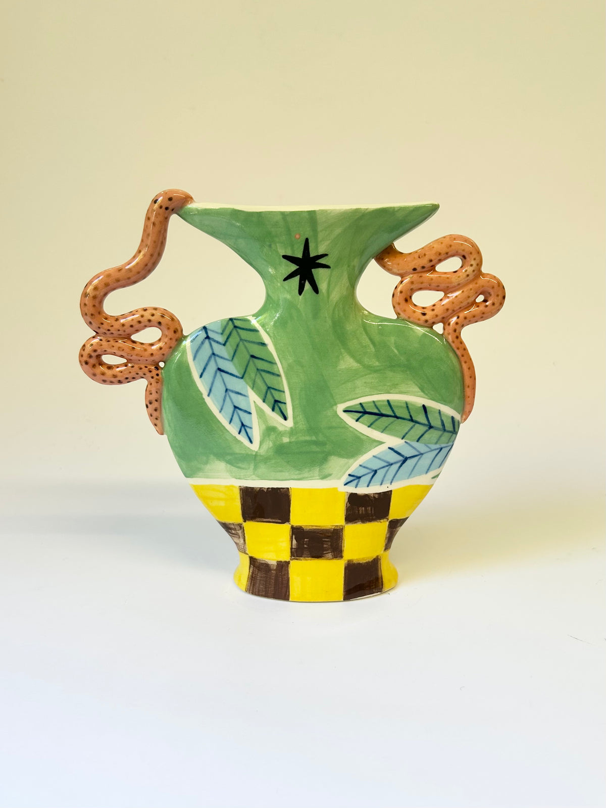 Checkerboard Snake Handle Vase